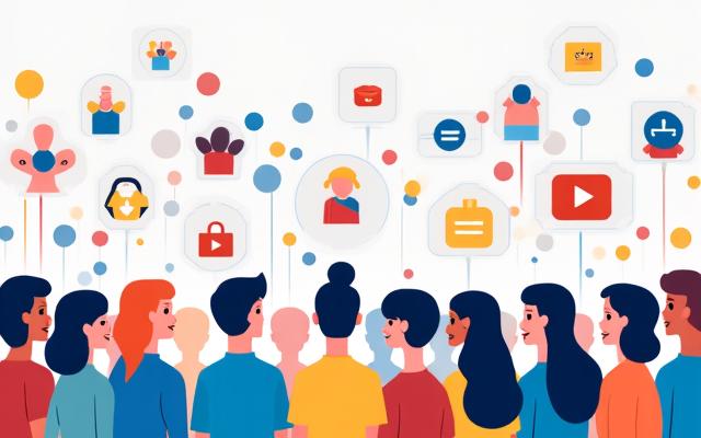 コミュニティエンゲージメントを示す、様々な人々とソーシャルメディアの交流を表すアイコン