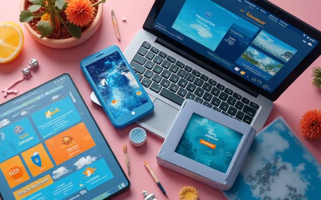 魅力的なデジタルコンテンツ作成を示す、様々なデバイスに表示された視覚的なメディアのコラージュ