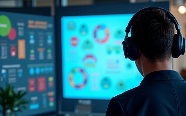 ソーシャルリスニングを示す、ヘッドホンをつけた人が画面の会話グラフを見ている様子